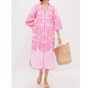 Hyacinth House Arem Caftan Embroidered Midi Dress Pink Balloon Sleeve XXS